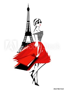 Bild på Beautiful fashion woman in Paris - french fashionista with shopping bags and eiffel tower vector design